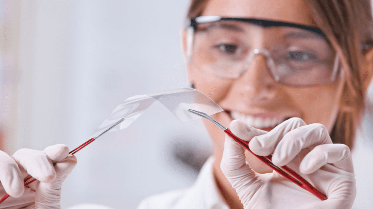 Pesquisadora com luvas e óculos de proteção segurando amostra de grafeno em laboratório, representando chamadas do MCTI e CNPq para Inova Grafeno e Inova Nióbio.