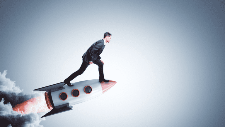 Executivo em pé sobre um foguete em movimento, simbolizando startups japonesas buscando crescimento e parcerias no Brasil.