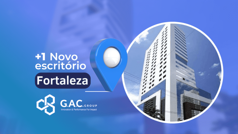 Divulgação da nova unidade da G.A.C. Brasil em Fortaleza, com imagem de prédio corporativo e destaque para o avanço da inovação no Ceará.