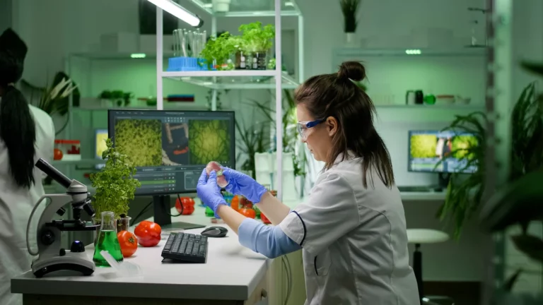 Cientista em laboratório analisando alimentos com auxílio de microscópio e computador, representando edital da Finep/MCTI para inovações no setor alimentício.