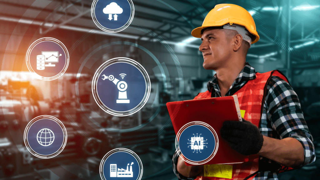 Profissional da indústria com capacete e prancheta em fábrica, sobreposto por ícones de indústria 4.0, indicando alta da confiança industrial segundo a FGV.