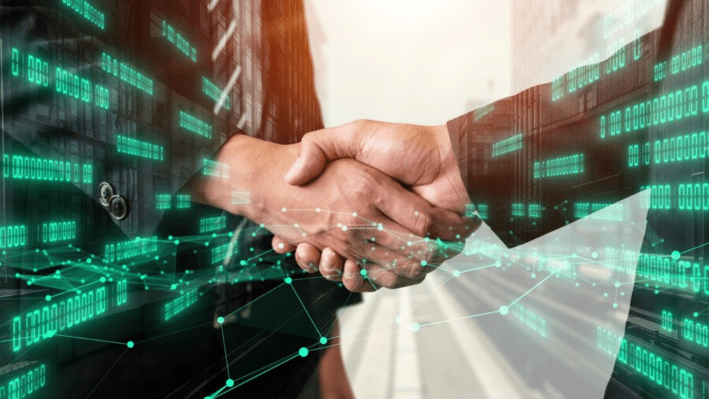 Aperto de mãos simbolizando parceria tecnológica internacional — chamada da EMBRAPII para cooperação entre empresas brasileiras e europeias.