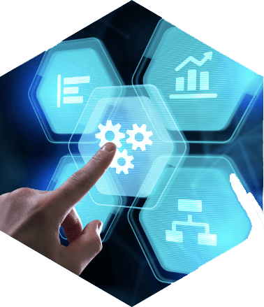 Mão tocando ícone digital de engrenagens em uma interface tecnológica, representando o planejamento de processos e gestão da inovação.