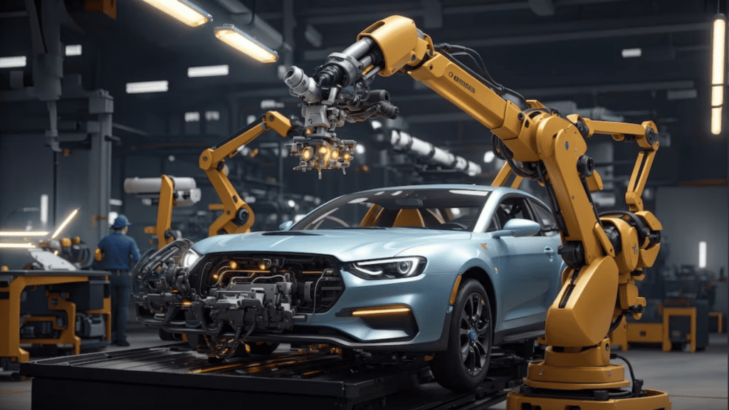Robôs industriais em linha de montagem — automação, qualidade e produtividade impulsionando a indústria automotiva.