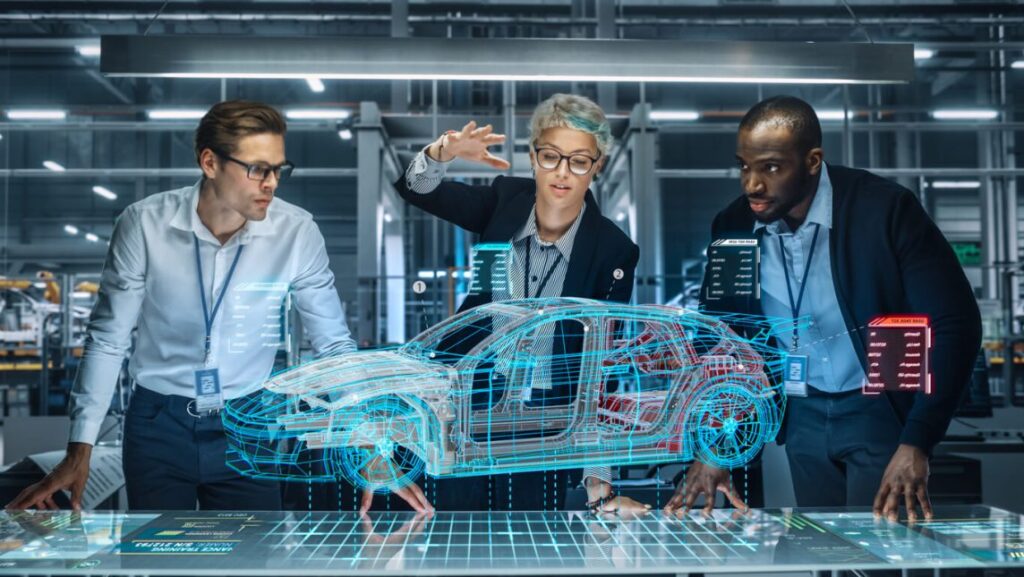 Engenheiros analisando um gêmeo digital automotivo — P&D, eficiência e descarbonização no coração do Programa Mover.