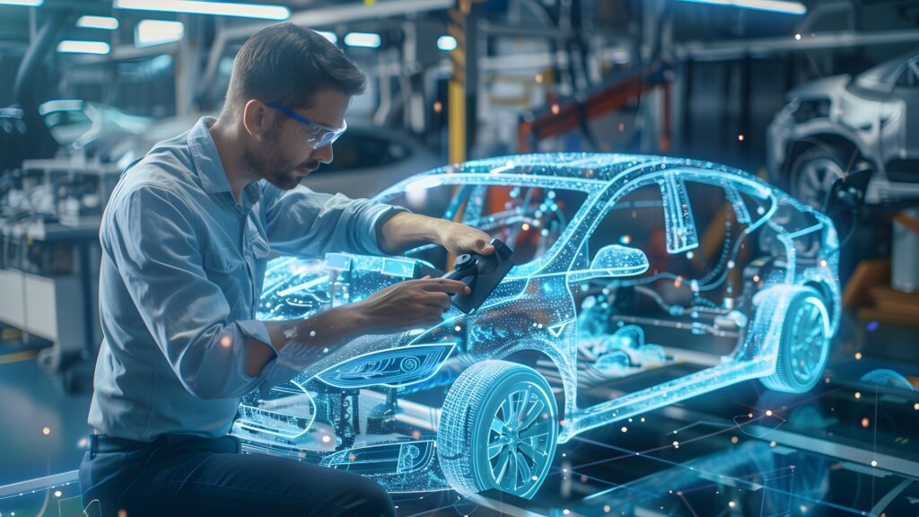 Engenheiro analisa protótipo digital de carro com scanner em fábrica — Programa Mover, inovação automotiva e descarbonização da indústria.