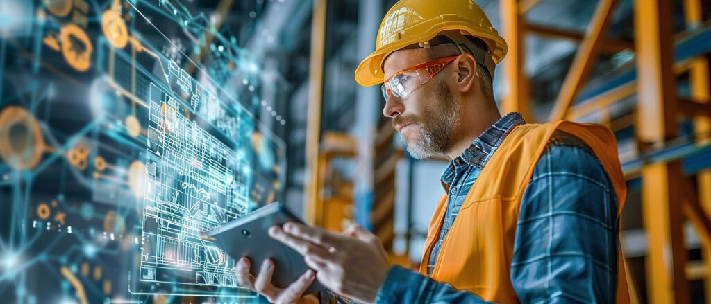 Engenheiro com capacete usa tablet diante de painel digital na fábrica — MCTI e transformação digital da indústria brasileira.