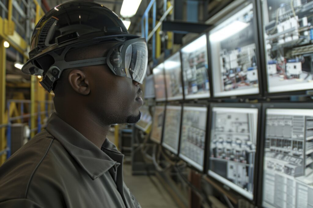Operário em fábrica usando capacete e óculos inteligentes, monitorando painéis e telas de controle na linha de produção.