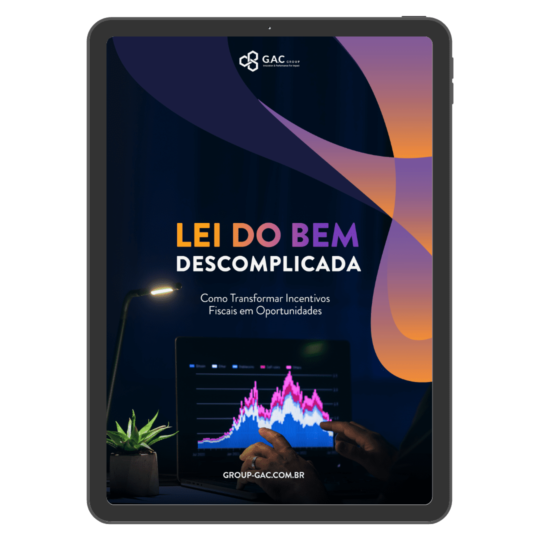Lei do Bem Descomplicada”, com formas roxas e laranja, subtítulo “Como Transformar Incentivos Fiscais em Oportunidades”, e uma mão apontando para um gráfico colorido em um tablet sobre mesa com luminária e planta