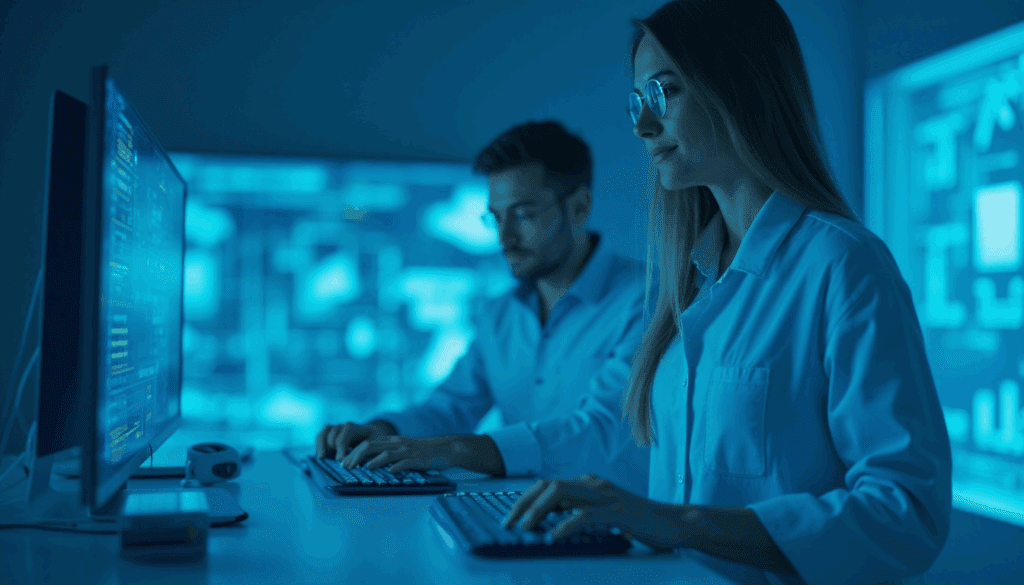 Pesquisadores em laboratório operam computadores — estruturação de Instituto de Ciência e Tecnologia (ICT) privado.