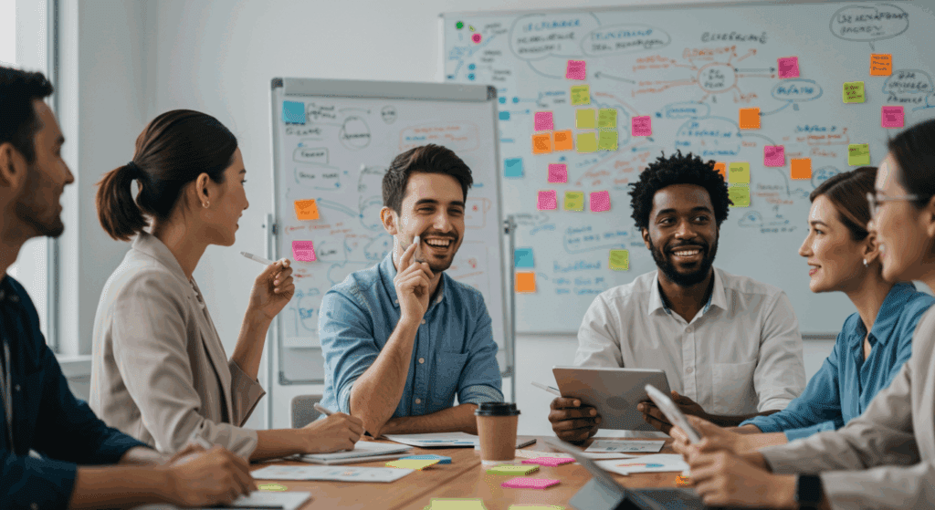 Equipe de profissionais em reunião de inovação, colaborando em frente a um quadro cheio de anotações e post-its coloridos.