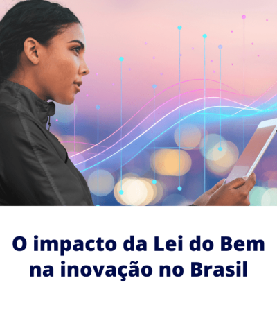 Perfil de uma mulher segurando um tablet enquanto observa linhas e pontos de dados em um fundo colorido, simbolizando tecnologia e inovação.